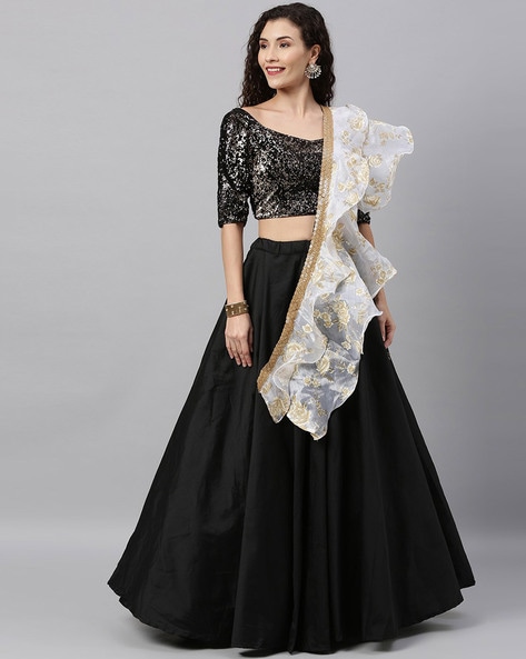 Black and White Semi stitched Lehenga and Unstitched Blouse With Dupatta -  ShopGarb - 3762941