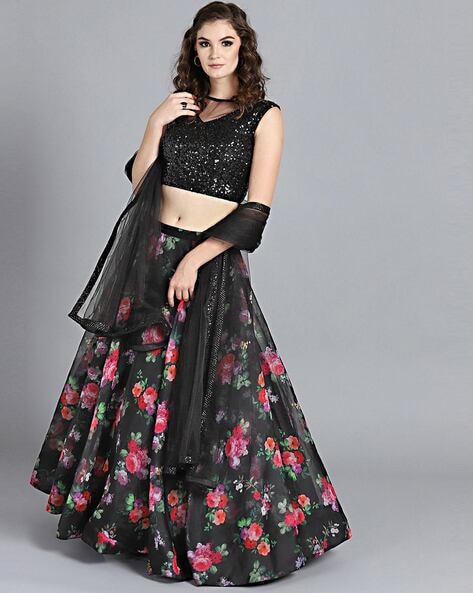Buy Black Tafetta Printed Floral Scoop Lehenga Set With Shaded Dupatta For  Women by Tarun Tahiliani Online at Aza Fashions.