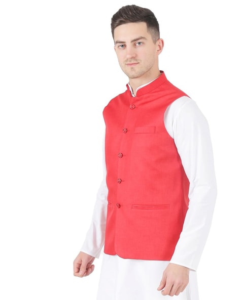 Wintage Men's Velvet Grandad Collar Festive Wine Nehru Jacket Vest Waistcoat