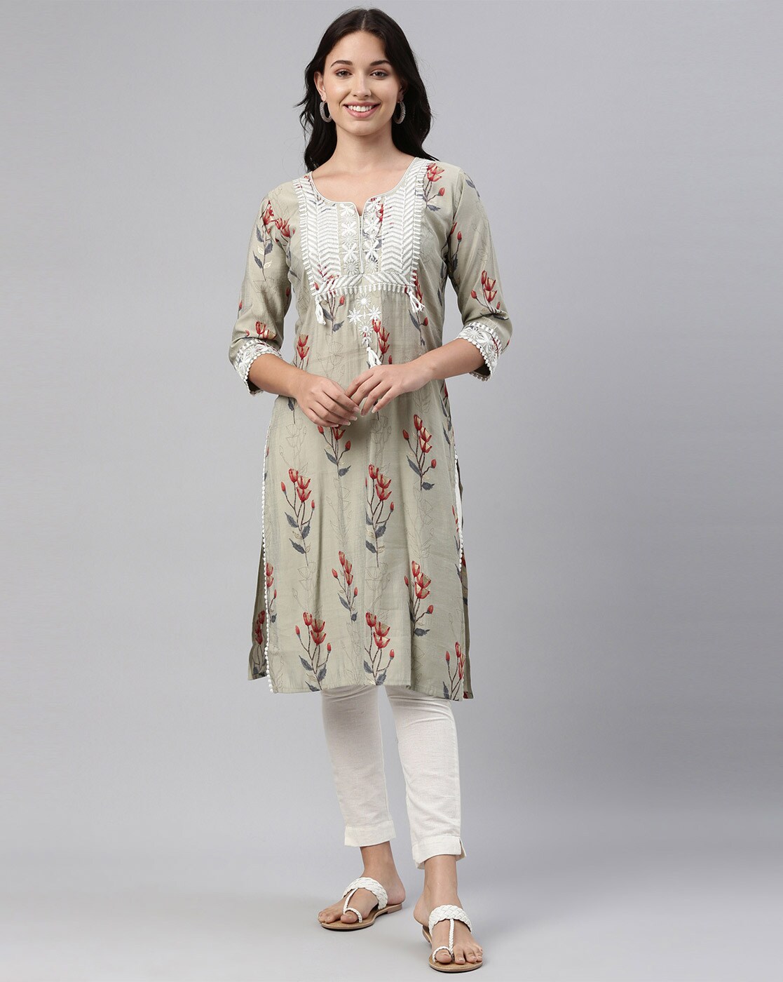 Buy NEERUS Off White Embroidered Cotton Round Neck Womens Above Knee Kurta  | Shoppers Stop