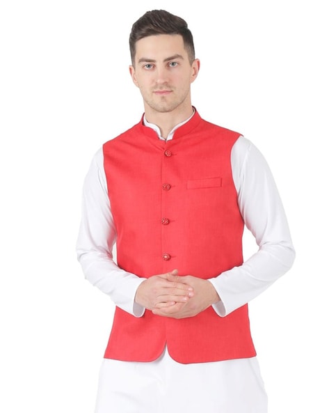 Merlot Red Textured Premium Wool-Blend Nehru-Jackets For Men