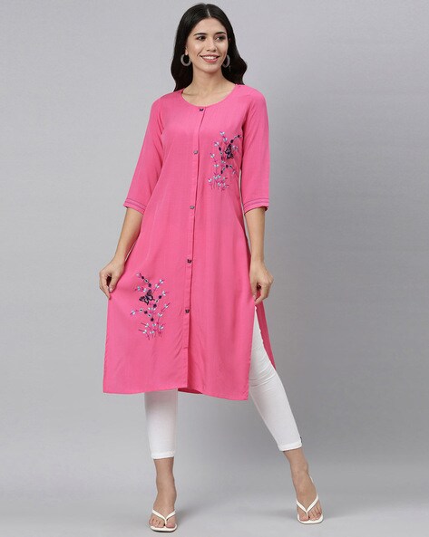 Buy Srishti by FBB Round Neck Embroidered Kurta Coral at Amazon.in