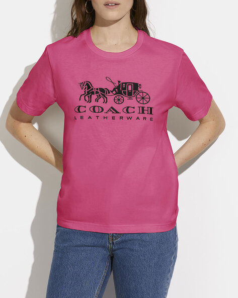 Buy Coach Organic Cotton Slim Fit Logo Print Crew-Neck T-shirt | Pink Color  Women | AJIO LUXE