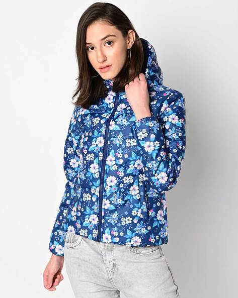 Floral Print Puffer Jacket with Hood