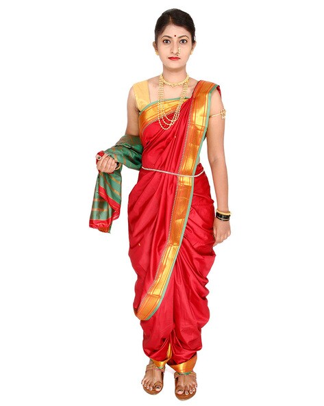 Red woven poly cotton silk traditional nauvari-saree - Fashion House -  1914661