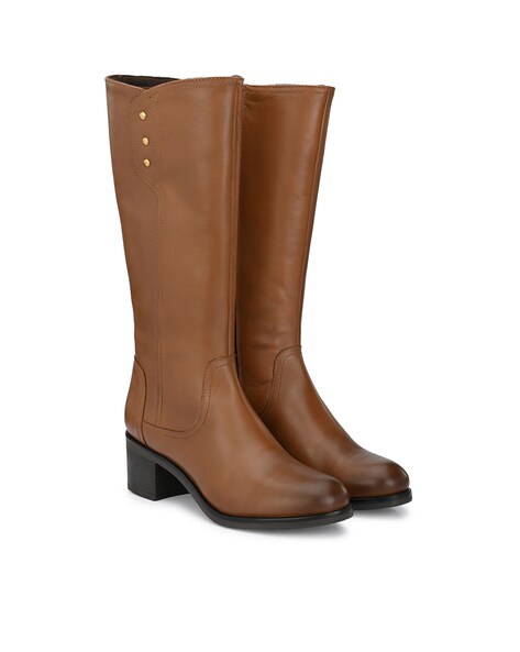 tan calf length heeled boots