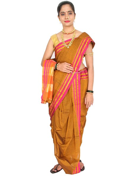 Magnificent Orange Cotton Silk Zari Print Maharashtrian Nauvari Readymade  Saree -- Miraamall - USA UK Canada