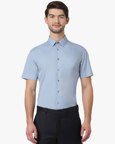 Buy GIORGIO ARMANI Regular Fit Shirt with Spread Collar Blue