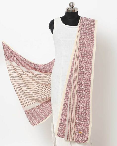 Striped Dupatta with Floral Print Border Price in India