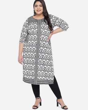 Buy HERE&NOW Grey & White Ethnic Motifs Printed Cotton Kurta - Kurtas for  Women 2042084