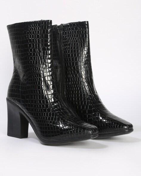 croc embossed chunky heeled boots