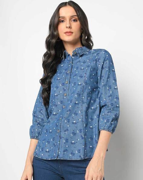 Blue Yellow Floral Stripe | Womens Organic Jersey Shirt | WoolOvers US