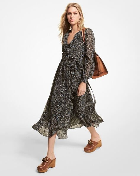 Buy Michael Kors Floral Print Wrap-Style Tiered Dress | Black Color Women |  AJIO LUXE