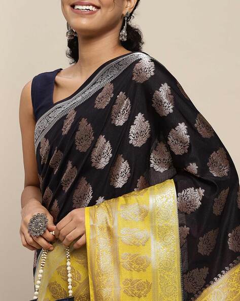 Black Plain Border Premium Polycotton Raw Silk Saree For Jewellery Sho–  Uniform Sarees