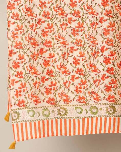 Handblock Print Chanderi Stole with Tassels view 2