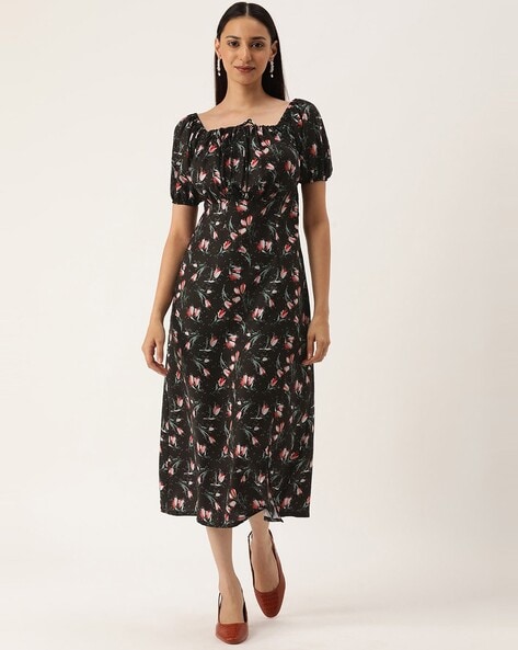 Esperanza Black Floral Print Midi Dress
