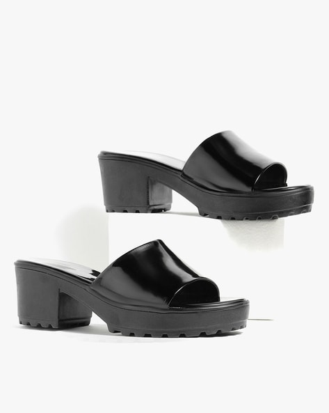 Black Patent Platform Block Heel Mules - CHARLES & KEITH IN