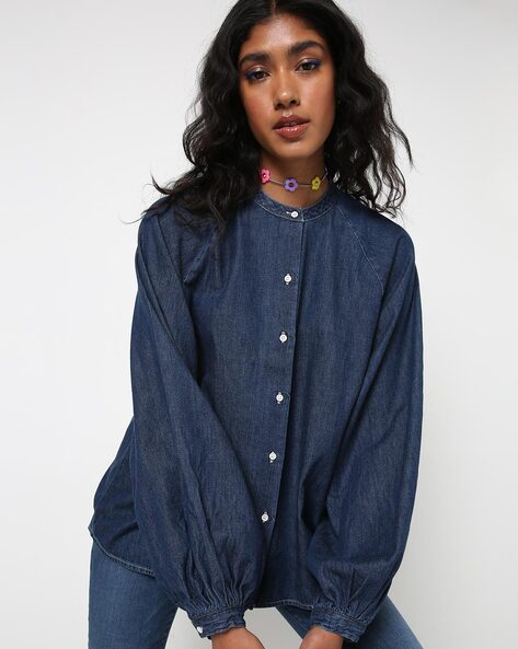 Cool Blue 2023 Denim Shirt Women Button Down Chambray Oversized Puff S –  Lookbook Store