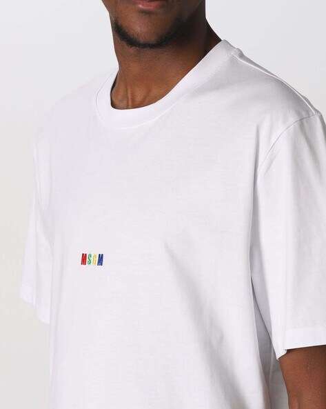 Buy Msgm Regular Fit Cotton T-Shirt with Embroidered Logo | White Color Men  | AJIO LUXE