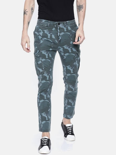 Buy Online Men Olive Green Black And Brown Camouflage Printed Cotton Cargo  Trousers at best price  Plussin