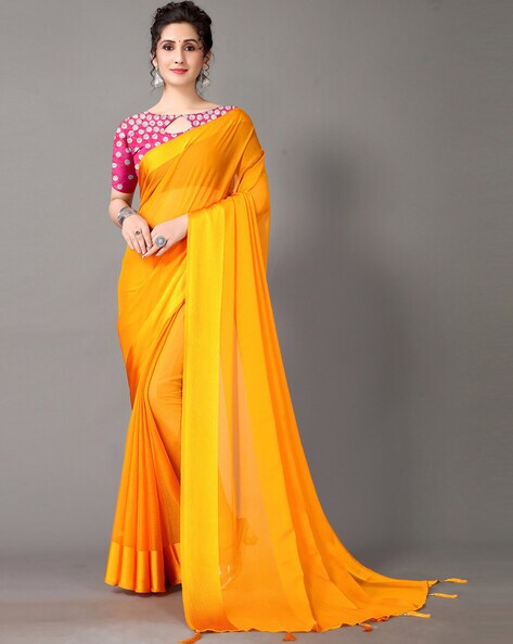 Buy Shiwaye Women Yellow Embellished, Woven, Plain Chiffon Saree Online at  Best Prices in India - JioMart.