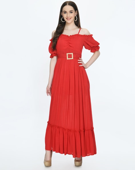 Lisette Ruffle Off Shoulder Gown – Red | Needle & Thread