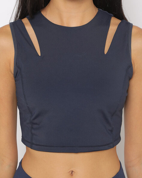 Enamor Women's Athleisure Polyester Built Shelf Bra Yoga Crew Neck Crop  Removable Padding Vest E123