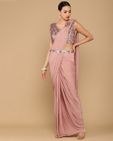 Pink Satin Saree With Belt And Unstitched Blouse Piece