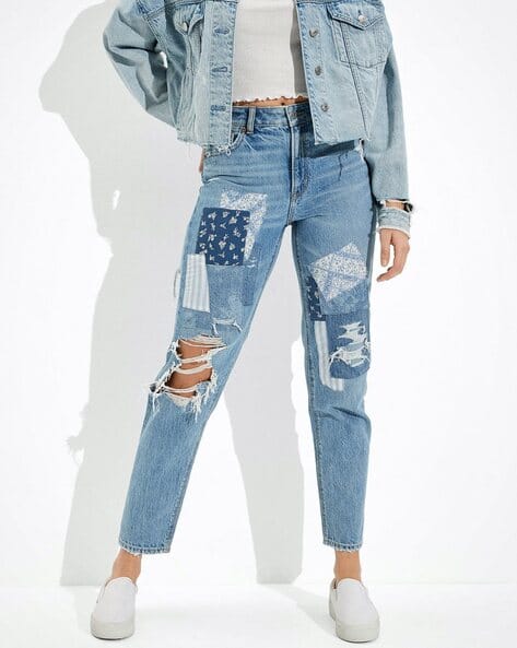Washed Distressed Jeans with Patch Work