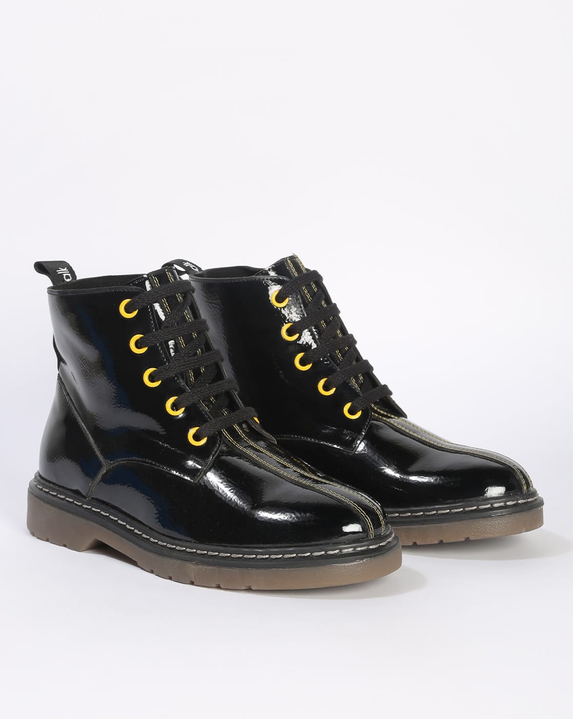 Lace Up Black Patent Boots Ladies Panelled Patent Lace-Up Ankle