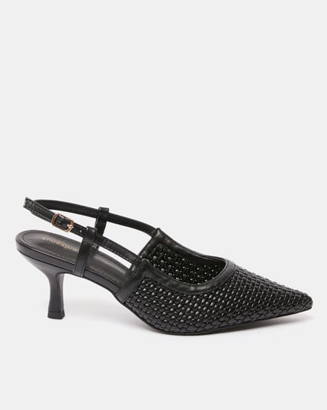 Basket-Weave Kitten Heeled Mules with Buckled Closure