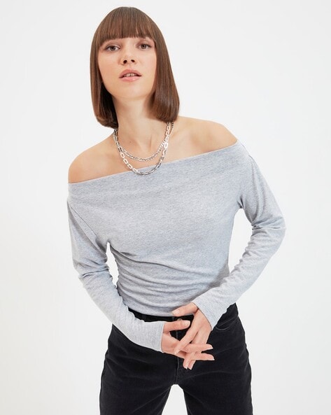 Grey off the online shoulder shirt