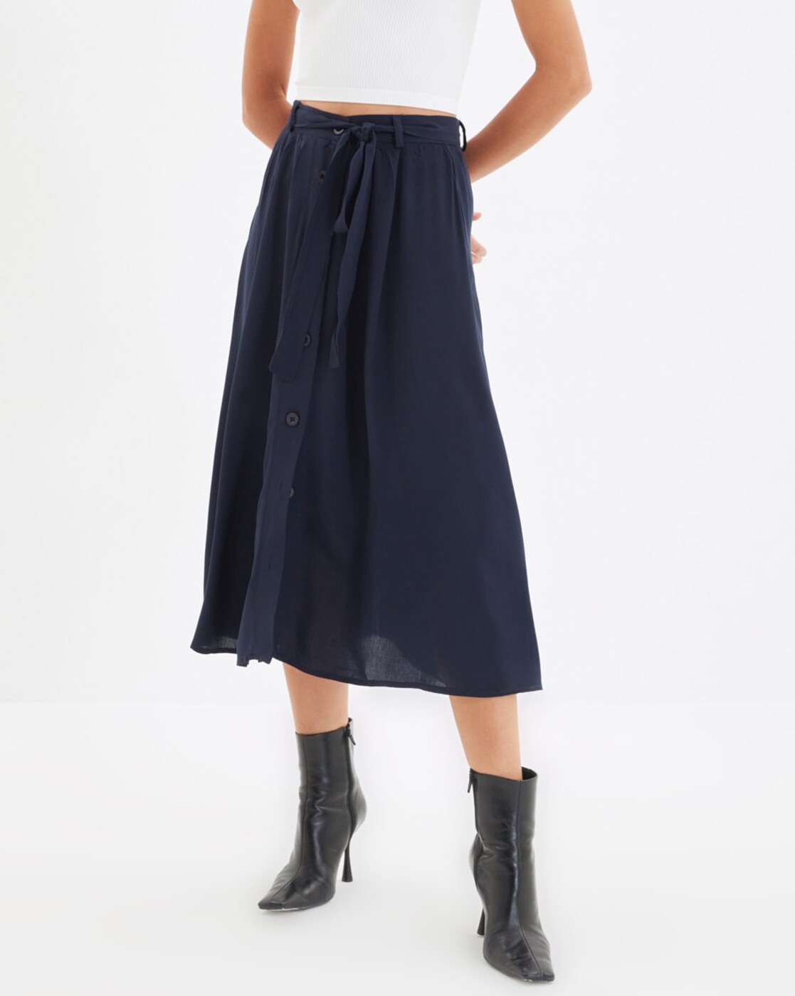 Button front hotsell skirt navy blue