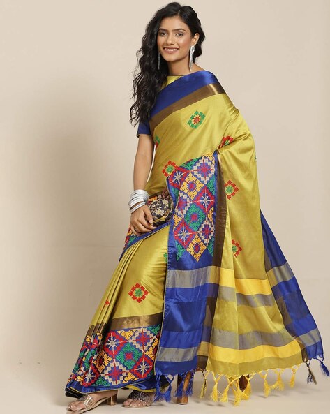 Party Wear Sarees : Yellow and grey stripe printed party ...