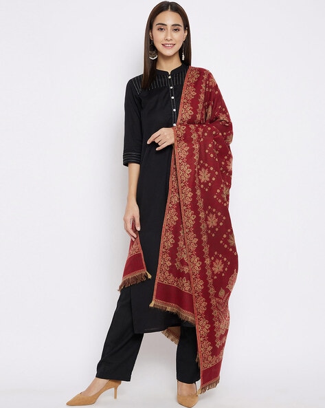 Floral Woven Shawl with Fringed Border Price in India