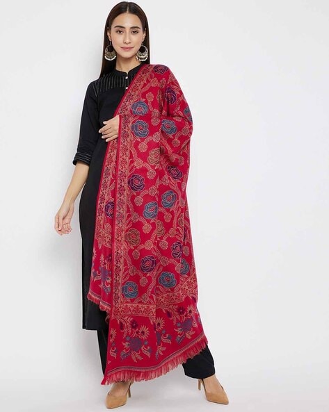 Floral Woven Shawl with Fringed Border Price in India