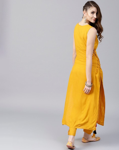 Aks women mustard shop solid straight kurta