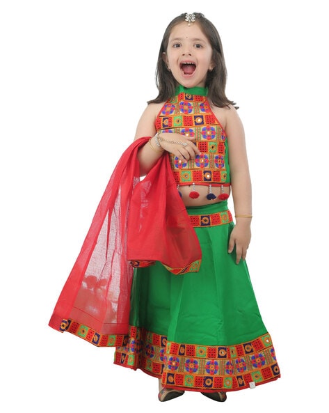 Kids Green New south Indian traditional pattu pavadai Jacquard Lehenga choli  for girls dress - EVERWILLOW - 4207724
