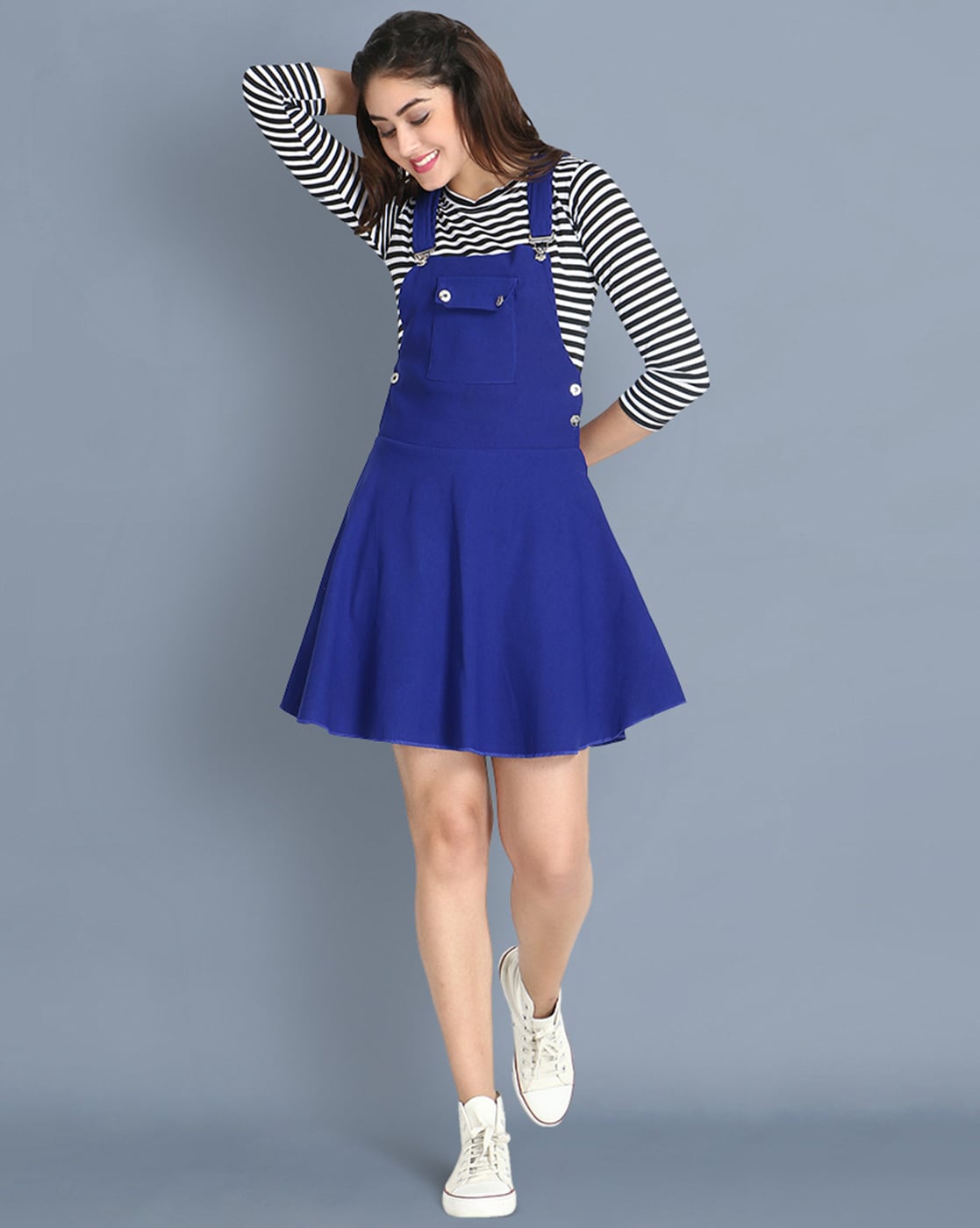 Buy BuyNewTrend Twill Blue Pinafore Dungaree Dress with Striped Top For  Women Online at Best Prices in India - JioMart.
