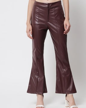 Women Genuine Suede Flared Pants Brown Real Leather Trousers