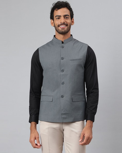 Navy Nehru jacket with embroidery– Brahaan by Narains