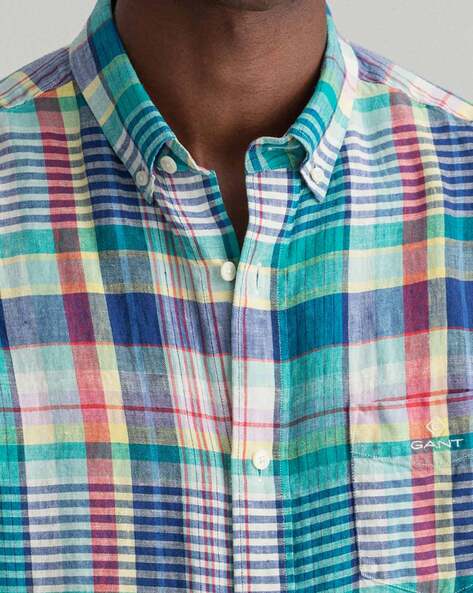 Buy Green Check Print Linen Shirt for Men