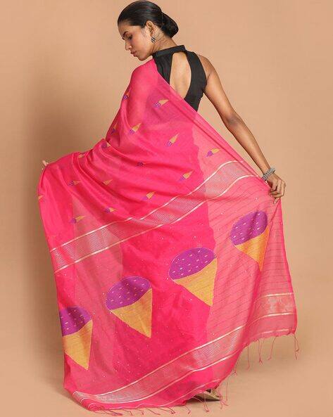 Geometric Print Handloom Saree with Tassels view 3