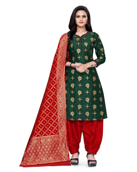 Printed Unstitched Dress Material with Zari Accent Price in India
