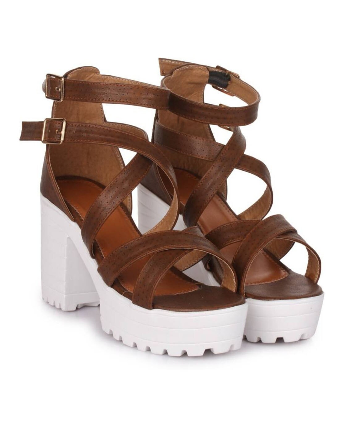 Brown Peep Toe Studs Sandals Women'S Platform Chunky Heel Vintage Slingback  Buckle Shoes