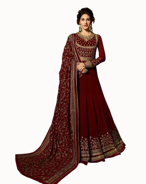 Embroidered Semi-stitched Anarkali Dress Material Price in India