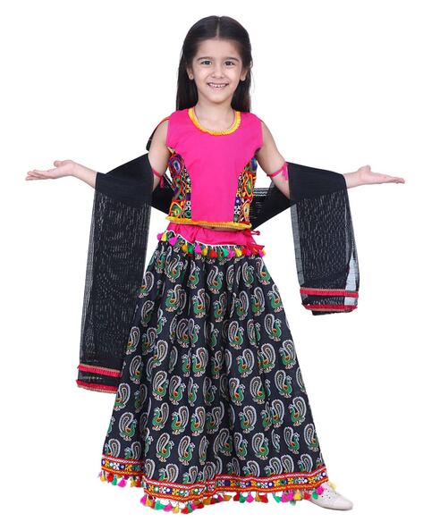 Buy Online Black and Multi Colour Cotton A Line Lehenga Choli : 122652 -