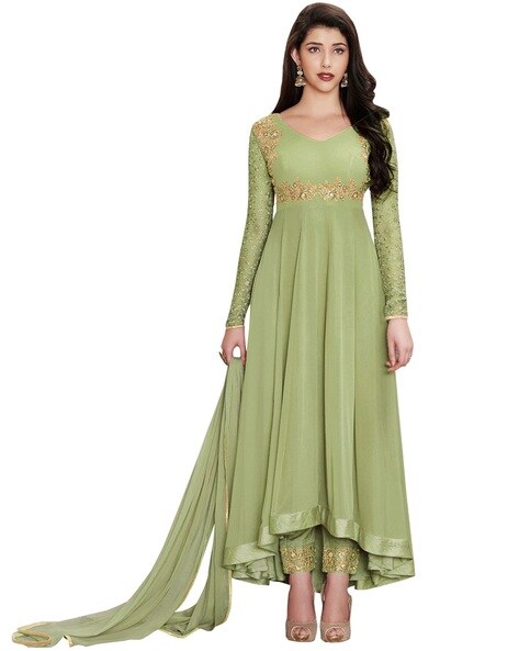 Embroidered Semi-stitched Anarkali Dress Material Price in India