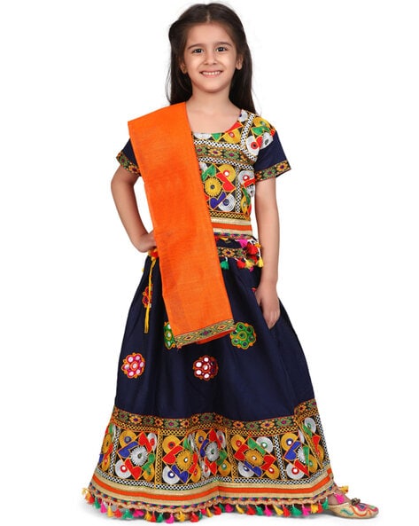 Buy Yellow Embroidery Work Banglori Satin Kids Lehenga Choli Online