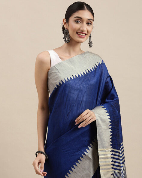 Silk Blend Navy Blue Striped Saree With Blouse Piece